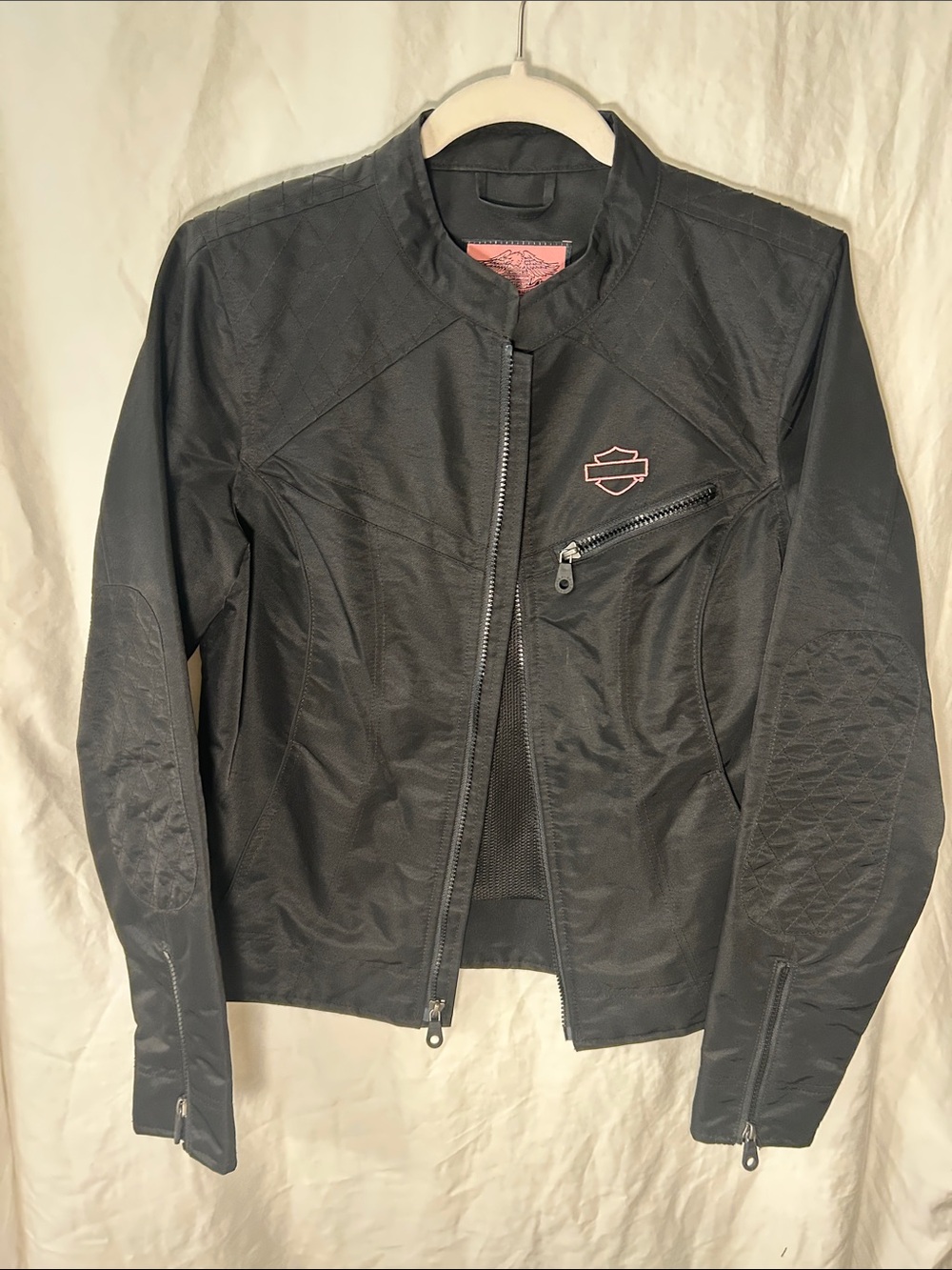 Harley-Davidson Black Women's Quilted Sleeve Motorcycle Jacket with Pink Logo L